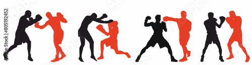 Silhouette of boxing player. Group of boxers with different fighting pose. 