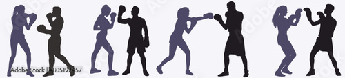 silhouettes of boxers with different poses isolated on white background. Male and female boxer. vector illustration 