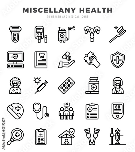 Vector icons set of MISCELLANY HEALTH. Lineal style Icons.