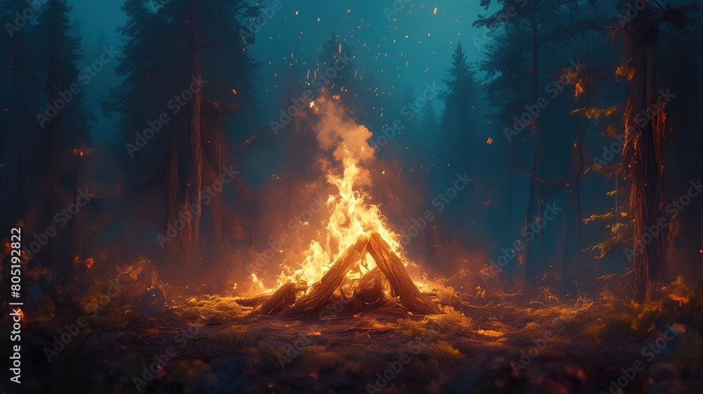 Cozy fire in the middle of a forest lawn Cozy fire in the middle of a forest lawn