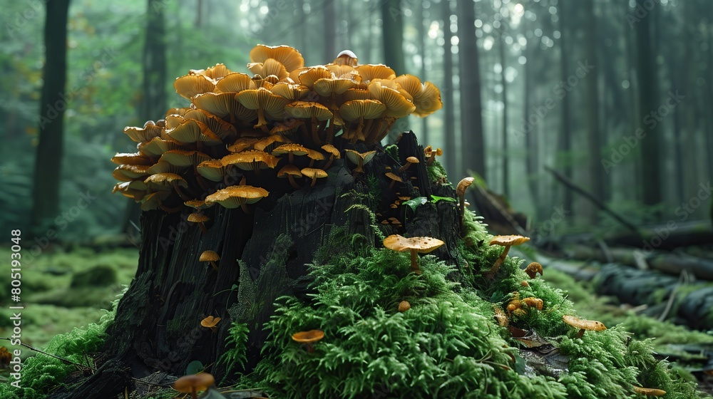 A very beautiful stump on which mushrooms grow in the forest thicket A very beautiful stump on which mushrooms grow in the forest thicket