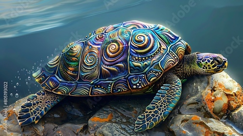 A serene turtle, adorned with intricate patterns of swirling waves, basks lazily on a sun-drenched rock, its shell glinting with iridescent hues. © Haider