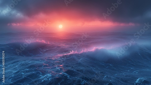   A sunset over a vast water expanse, with a prominent wave in the foreground and the sun casting an orange glow in the distance