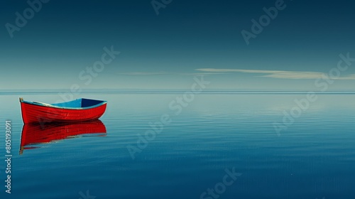  A red boat floats on a large body of water, its surface still Above, a blue sky is dotted with white clouds