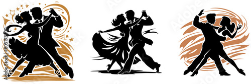 silhouette ballroom rumba collection, Couples dance in different postures set
