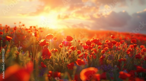 Beautiful red flowers field with sun setting in the background. Perfect for nature and landscape concepts