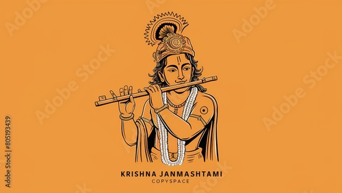 Janmashtami festival with Lord Krishna playing flute illustration. Generative Ai. photo