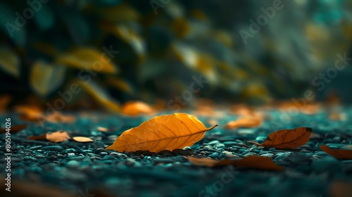 A solitary leaf drifts lazily to the ground, its journey marked by the soft rustle of leaves and the gentle caress of the wind, a fleeting moment captured in time.