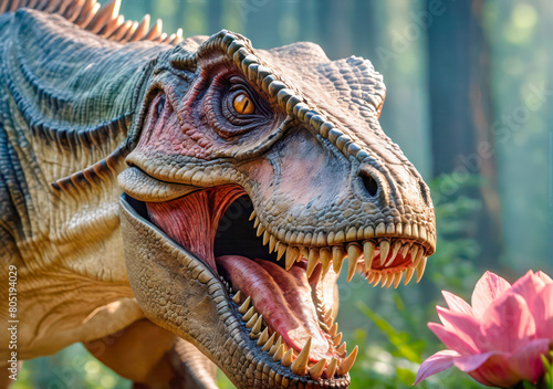 close up of a dinosaur . Ferocious dinosaur roaring in a misty jungle .Roaring t-rex