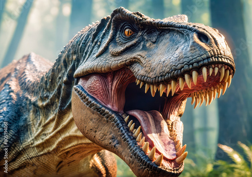 close up of a dinosaur . Ferocious dinosaur roaring in a misty jungle .Roaring t-rex © Naluphon