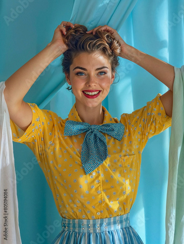 A smiling and radiant pin-up woman adjusts her hairstyle