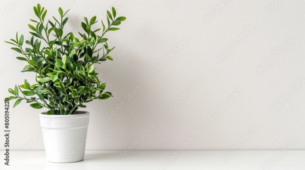   A potted plant atop a table, beside a white wall, holds a verdant green plant