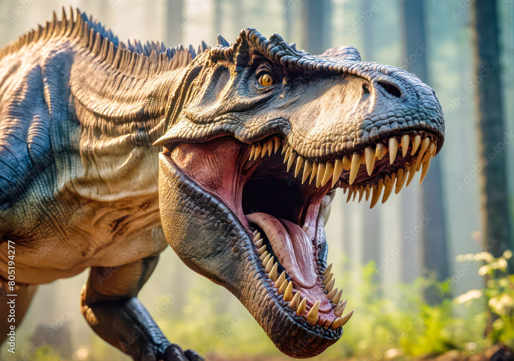 Fototapeta premium close up of a dinosaur . Ferocious dinosaur roaring in a misty jungle .Roaring t-rex
