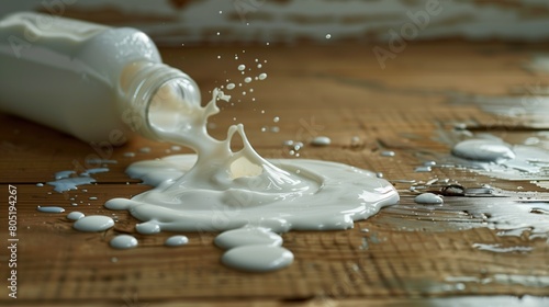Spilled milk on a wooden table