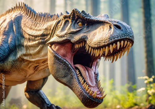 close up of a dinosaur . Ferocious dinosaur roaring in a misty jungle .Roaring t-rex
