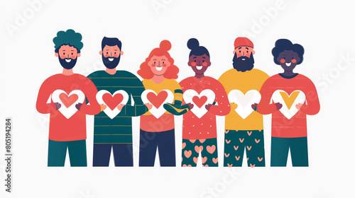 Diverse group of people standing together, all making hand hearts. Very simple, flat design style. AI Generative