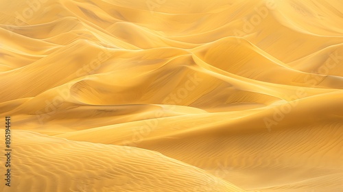 A vast expanse of golden sand stretches into the horizon  illuminated by the soft glow of dawn s first light. The gentle curves of the dunes create a symphony of shadows and highlights  