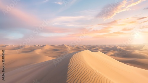 A vast expanse of golden sand stretches into the horizon  illuminated by the soft glow of dawn s first light. The gentle curves of the dunes create a symphony of shadows and highlights  