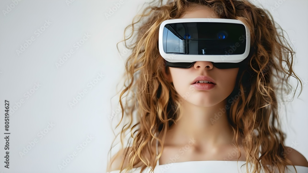Closeup of a young woman in VR glasses on a white background. Concept Virtual Reality, Young Woman, Closeup, White Background Closeup of a young woman in VR glasses on a white background. Concept Virtual Reality, Young Woman, Closeup, White Background