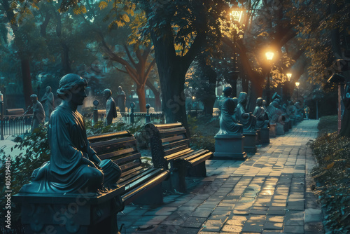 A city park where the statues come alive at dusk, playing ancient games and whispering secrets to passersby