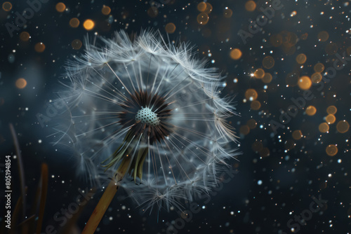 A dandelion whose seeds are made of delicate stardust  scattering across the night sky when blown  creating tiny new stars.