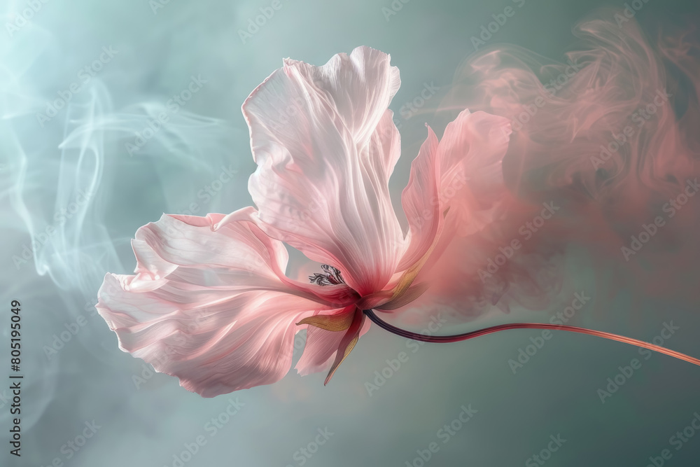 A blossom with petals that look like soft, swirling clouds, floating slightly above the stem, drifting lazily when touched