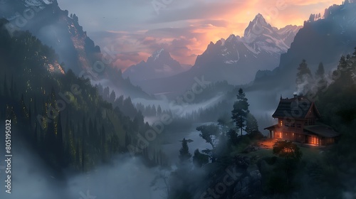 Bathed in the soft light of dawn, a mountain retreat emerges from the mists like a dream, its rustic charm a welcome sight amidst the wilderness, a haven for weary travelers.