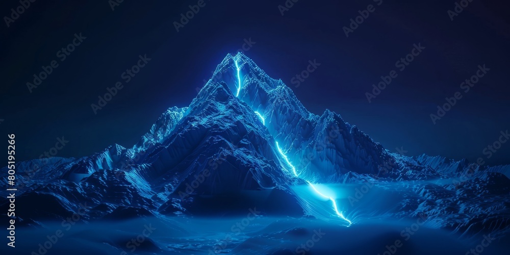 Futuristic mountain with glowing path to the top. Desktop wallpaper, sci fi environment. High quality photo