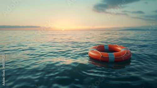 Against a serene sea backdrop, an orange lifebuoy floats, offering a beacon of safety amidst tranquil waters