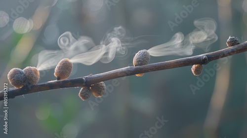   A tree branch in focus, sporting smoke ascending from its tip, adorned with tiny buds at its extremity photo