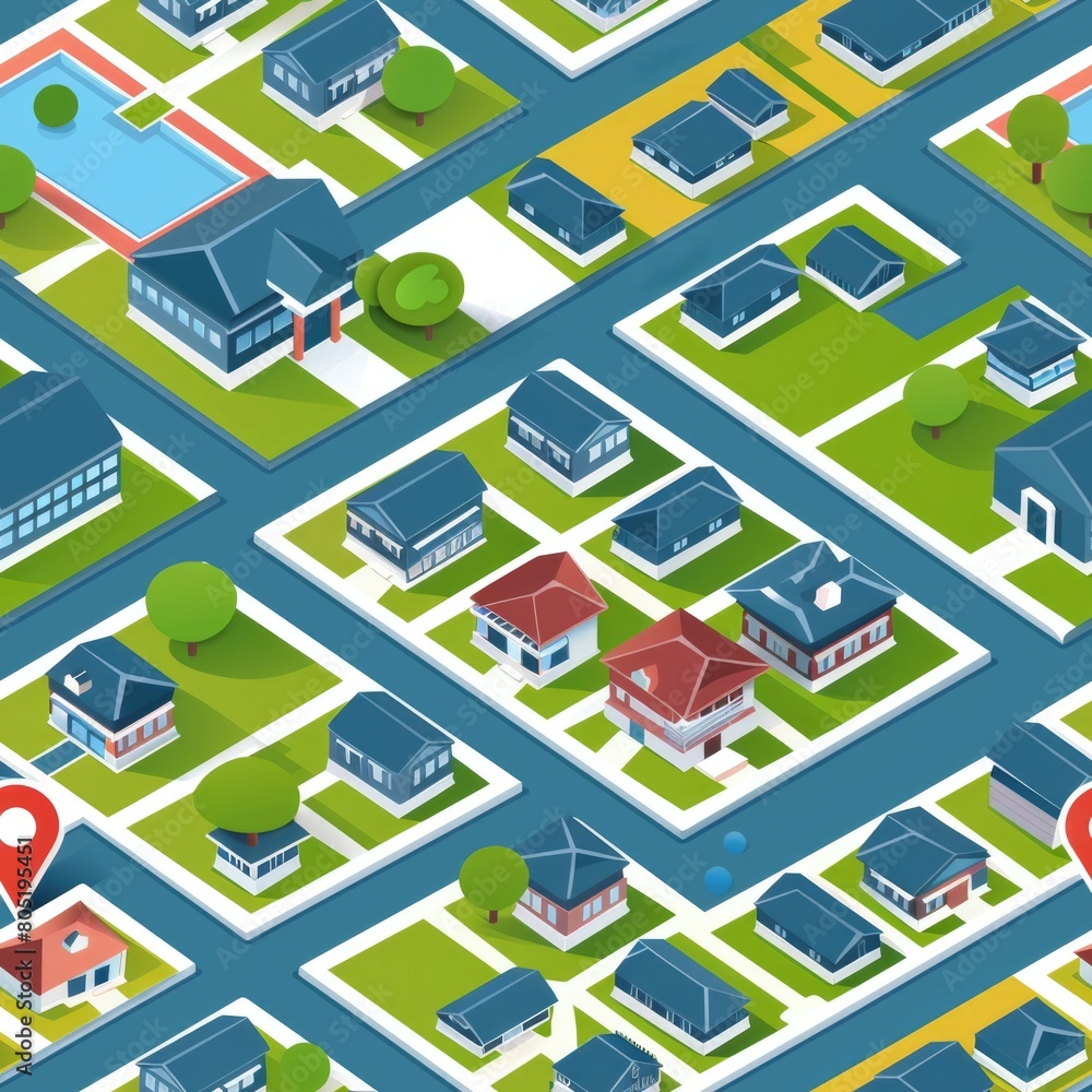 A detailed map of a neighborhood with houses and trees. Ideal for real estate or urban planning projects A detailed map of a neighborhood with houses and trees. Ideal for real estate or urban planning projects