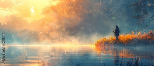 Illustration of a man is fishing by the water's edge with a thin mist floating above the water showing the cool air under the warm and beautiful morning sun. It's a very nice and private atmosphere.