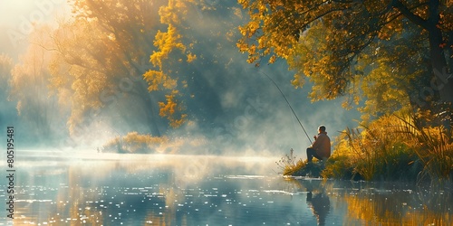 Illustration of a man is fishing by the water's edge with a thin mist floating above the water showing the cool air under the warm and beautiful morning sun. It's a very nice and private atmosphere. photo