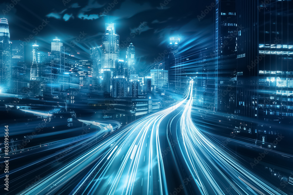 Smart digital city with high speed light trail of cars of digital data transfer, Vibrant long exposure shot capturing the dynamic light trails of traffic through a futuristic cityscape at night. Smart digital city with high speed light trail of cars of digital data transfer, Vibrant long exposure shot capturing the dynamic light trails of traffic through a futuristic cityscape at night.