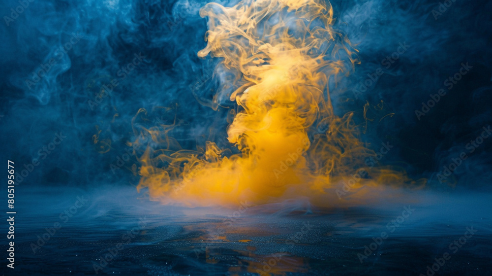 Bright yellow smoke abstract background diffuses across a dark blue floor, vibrant and full of energy.