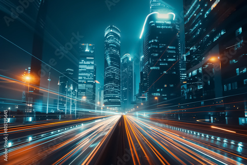 Smart digital city with high speed light trail of cars of digital data transfer, Vibrant long exposure shot capturing the dynamic light trails of traffic through a futuristic cityscape at night. © Kiangdeb