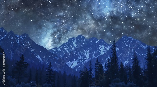 Beneath a canopy of stars  the mountains stand sentinel  their rugged peaks silhouetted against the night sky  while the forest below slumbers in tranquil repose.
