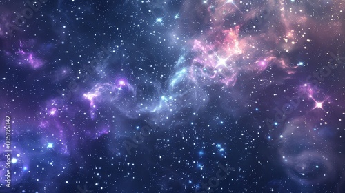 a background of stars in space, with a few purple and blue nebulae. The stars should be bright white or glowing with light effects, creating an ethereal atmosphere. photo