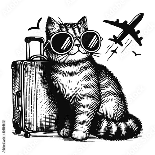 cat with a suitcase and airplane on the background, summer vacation sketch