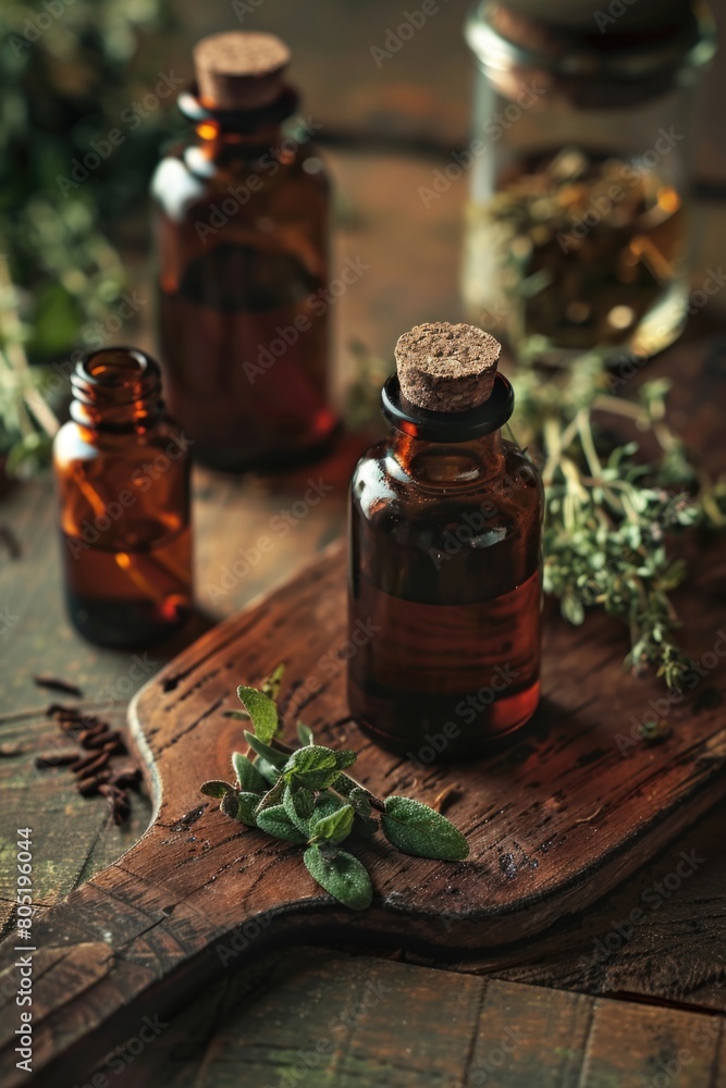 Bottles filled with herbs on a wooden cutting board, perfect for kitchen or cooking concepts Bottles filled with herbs on a wooden cutting board, perfect for kitchen or cooking concepts