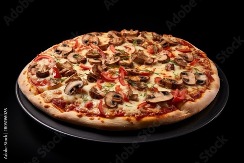 Aromatic Pizza with mushroom and bacon. Margarita food. Generate Ai