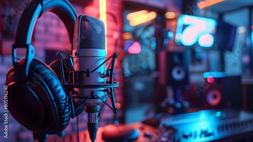 Extreme Close-up of Microphone and Headphones in Modern Setting. Concept Technology, Audio Equipment, Modern, Close-up Photography, Creative Composition