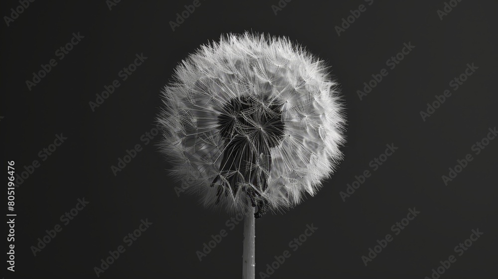   A monochrome image of a dandelion against a plain black and white background