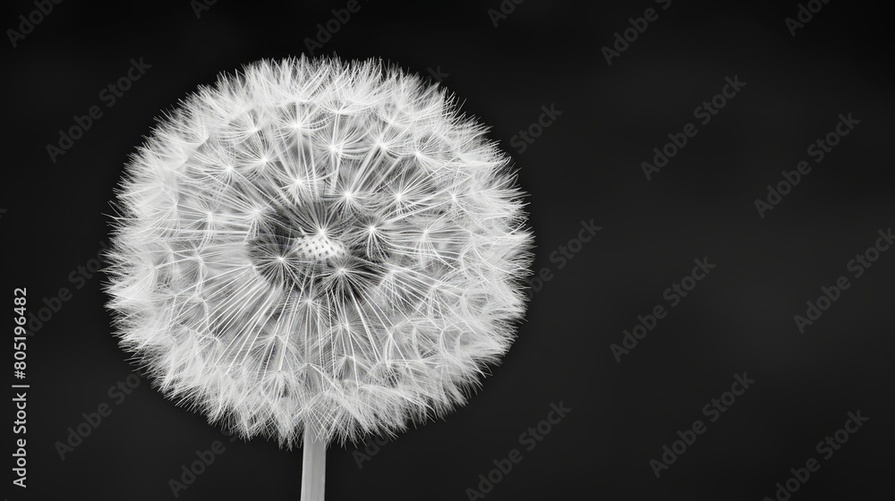 A monochrome image of a dandelion against a black backdrop, featuring a tiny white pistil at its heart A monochrome image of a dandelion against a black backdrop, featuring a tiny white pistil at its heart