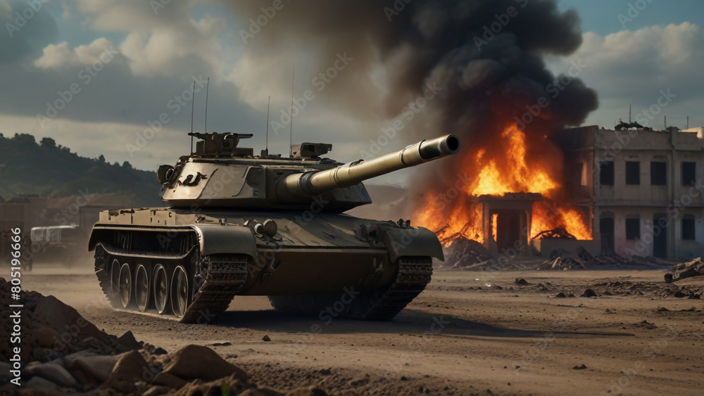 An intense scene captured with a tank moving along a road, set against the backdrop of a destroyed building engulfed in flames