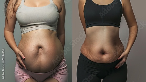 Two women with different body types, one with a large belly