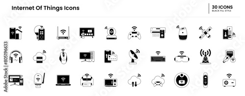 internet of things icon set. iot, technology, internet, things, digital, network, computer, smart, concept, data, business, communication. Vector black fill icon illustration