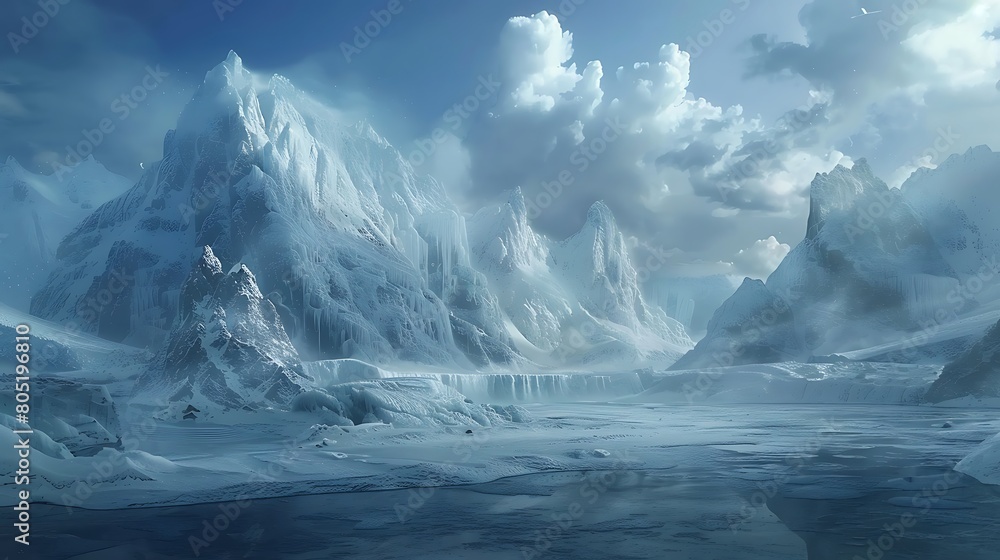 Discover the ethereal beauty of frozen landscapes, where mountains rise like monuments to time and rivers flow with gentle persistence. Marvel at the intricate details of this 8K masterpiece, 
