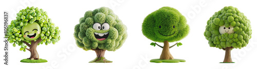 Set of 3D cute happy cartoon green trees design elements, isolated on white background, png