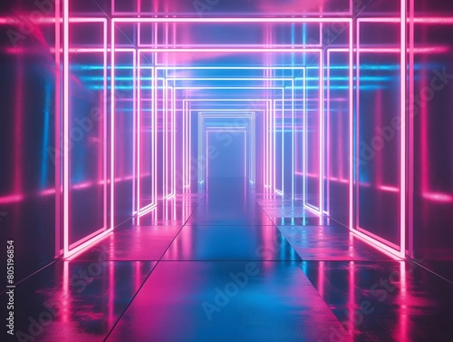 A vibrant corridor illuminated by neon lights in pink and blue hues, depicting a modern, futuristic tunnel.